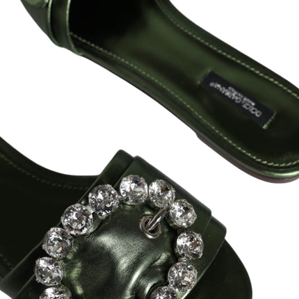 Metallic Green Crystal Leather Flats Sandals Shoes