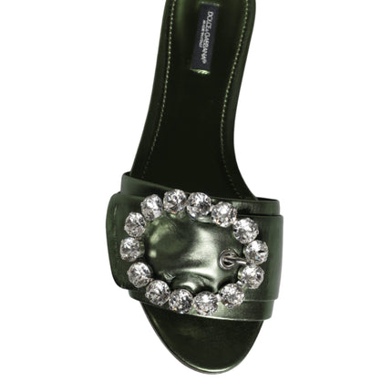 Metallic Green Crystal Leather Flats Sandals Shoes