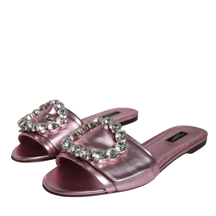 Metallic Pink Crystal Leather Flats Sandals Shoes