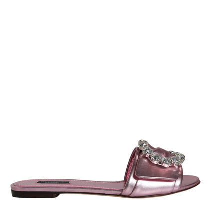 Metallic Pink Crystal Leather Flats Sandals Shoes