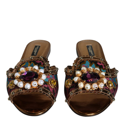 Multicolor Jacquard Embellished Slides Flats Shoes