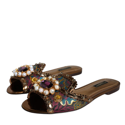 Multicolor Jacquard Embellished Slides Flats Shoes