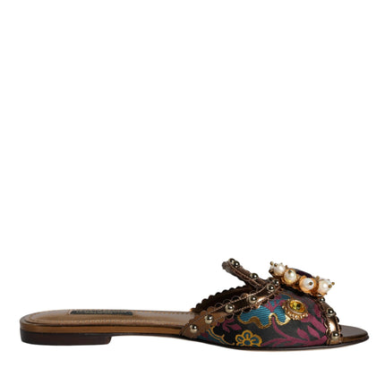 Multicolor Jacquard Embellished Slides Flats Shoes