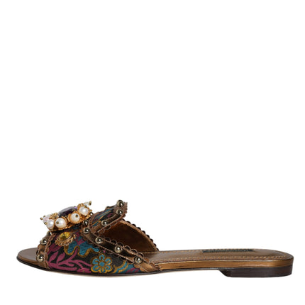 Multicolor Jacquard Embellished Slides Flats Shoes