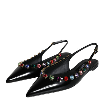 Black Leather Crystal Flats Slingback Shoes