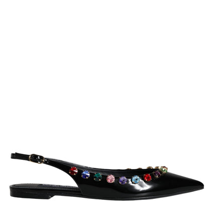 Black Leather Crystal Flats Slingback Shoes