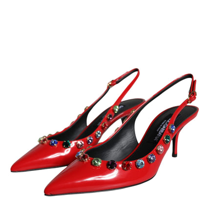 Red Leather Crystal Heels Slingback Shoes