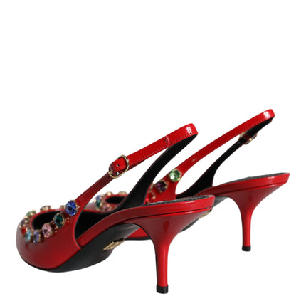 Red Leather Crystal Heels Slingback Shoes