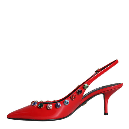 Red Leather Crystal Heels Slingback Shoes