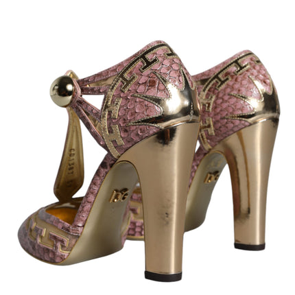 Pink Gold Leather Pumps T-strap Sandals Shoes