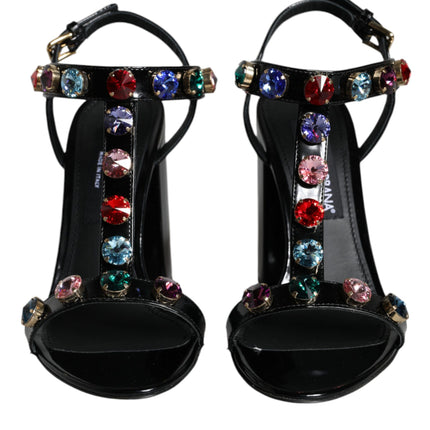 Black Crystal Leather T-strap Sandals Shoes