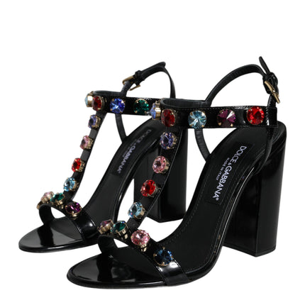 Black Crystal Leather T-strap Sandals Shoes