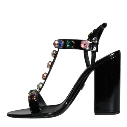 Black Crystal Leather T-strap Sandals Shoes