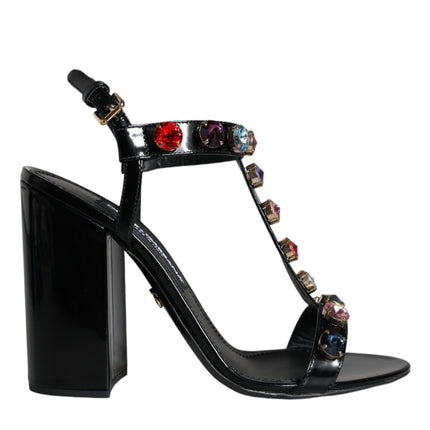 Black Crystal Leather T-strap Sandals Shoes