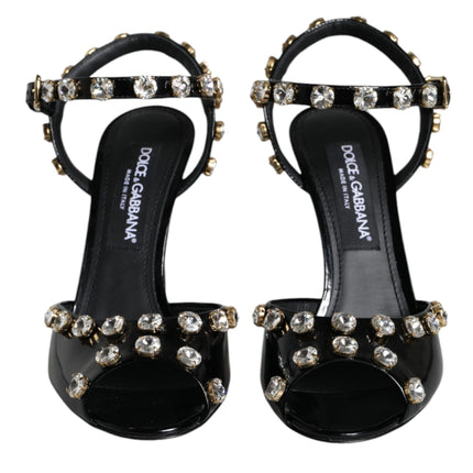 Black Leather Crystal Ankle Strap Sandals Shoes