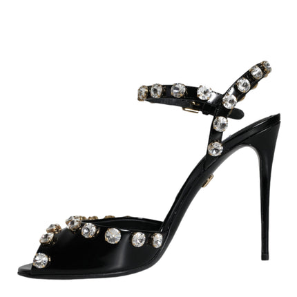 Black Leather Crystal Ankle Strap Sandals Shoes