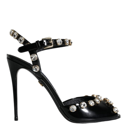 Black Leather Crystal Ankle Strap Sandals Shoes