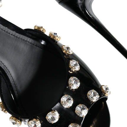 Black Leather Crystal Ankle Strap Sandals Shoes