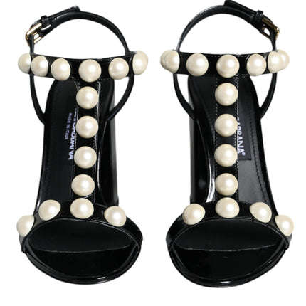 Black Leather Pearls T-strap Sandals Shoes