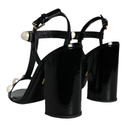 Black Leather Pearls T-strap Sandals Shoes