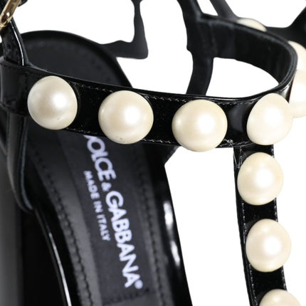 Black Leather Pearls T-strap Sandals Shoes