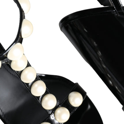 Black Leather Pearls T-strap Sandals Shoes