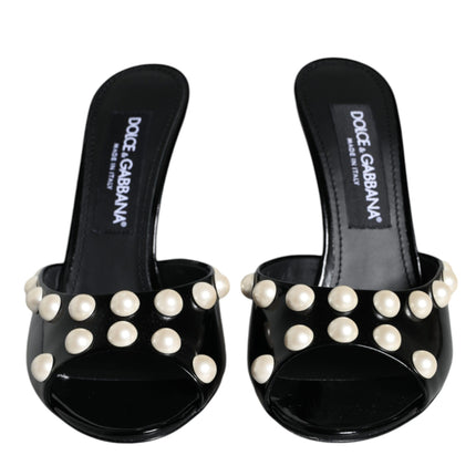 Black Leather Pearls Slides Sandals Shoes