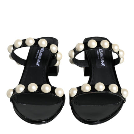 Black Leather Pearls Slides Sandals Shoes