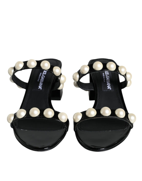 Black Leather Pearls Slides Sandals Shoes