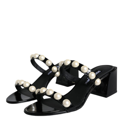 Black Leather Pearls Slides Sandals Shoes