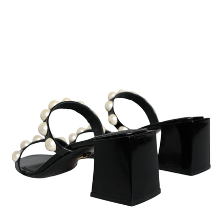 Black Leather Pearls Slides Sandals Shoes