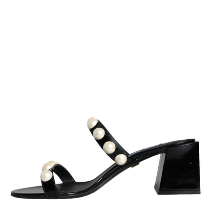 Black Leather Pearls Slides Sandals Shoes