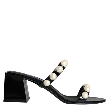 Black Leather Pearls Slides Sandals Shoes