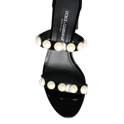 Black Leather Pearls Slides Sandals Shoes