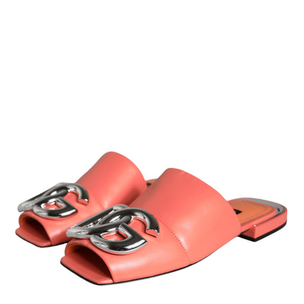 Pink Salmon Leather Flat Slides Sandals Shoes