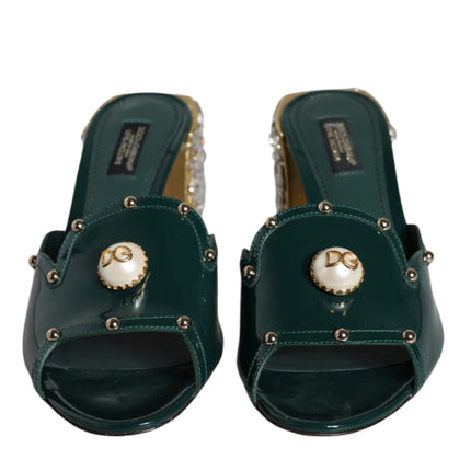 Green Crystal Leather Slides Sandals Shoes