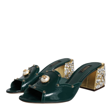 Green Crystal Leather Slides Sandals Shoes