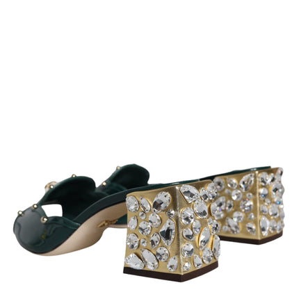 Green Crystal Leather Slides Sandals Shoes