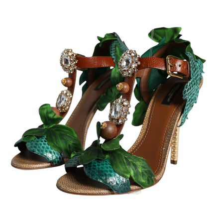 Emerald Embellished Leather Heels Sandals Shoes