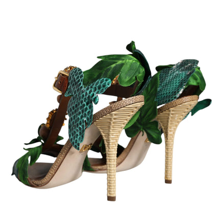 Emerald Embellished Leather Heels Sandals Shoes