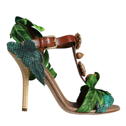 Emerald Embellished Leather Heels Sandals Shoes