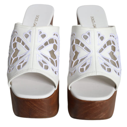 White Leather Wood Mules Wedge Slides Shoes