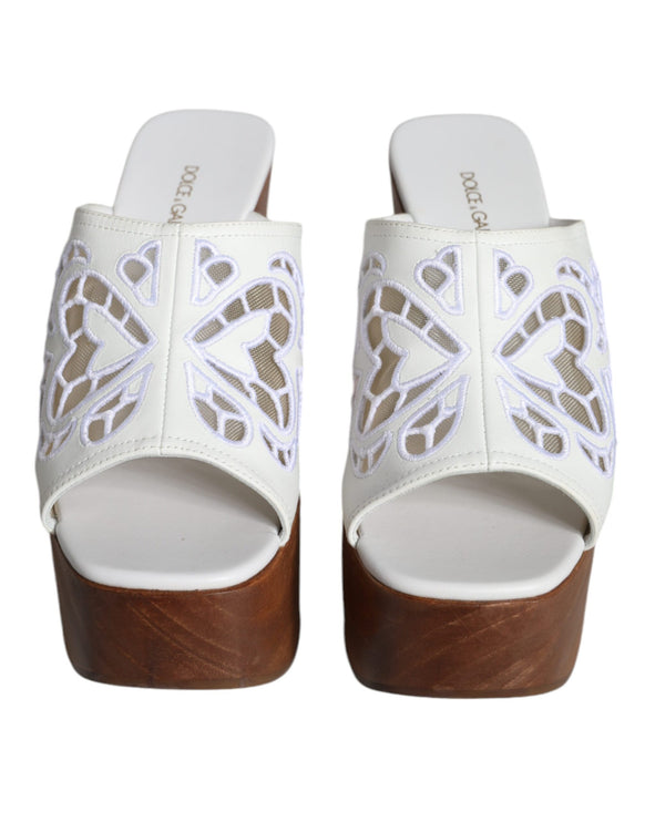 White Leather Wood Mules Wedge Slides Shoes