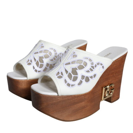 White Leather Wood Mules Wedge Slides Shoes