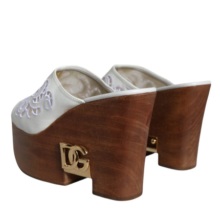 White Leather Wood Mules Wedge Slides Shoes