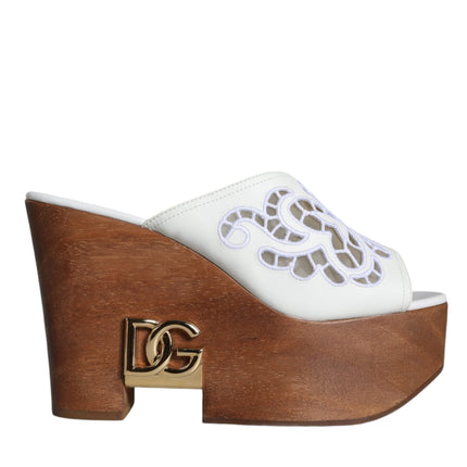 White Leather Wood Mules Wedge Slides Shoes