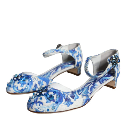 White Blue Majolica Print Ankle Strap Sandals Shoes