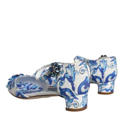 White Blue Majolica Print Ankle Strap Sandals Shoes