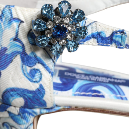 White Blue Majolica Print Ankle Strap Sandals Shoes