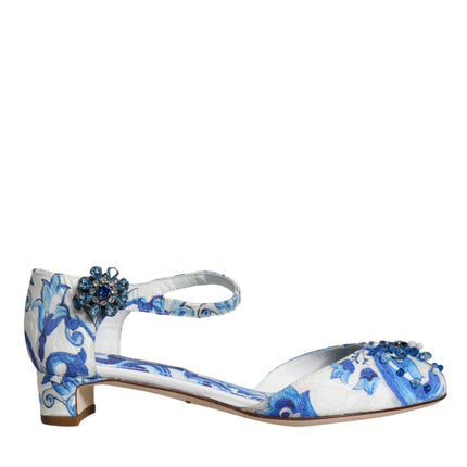 White Blue Majolica Print Ankle Strap Sandals Shoes